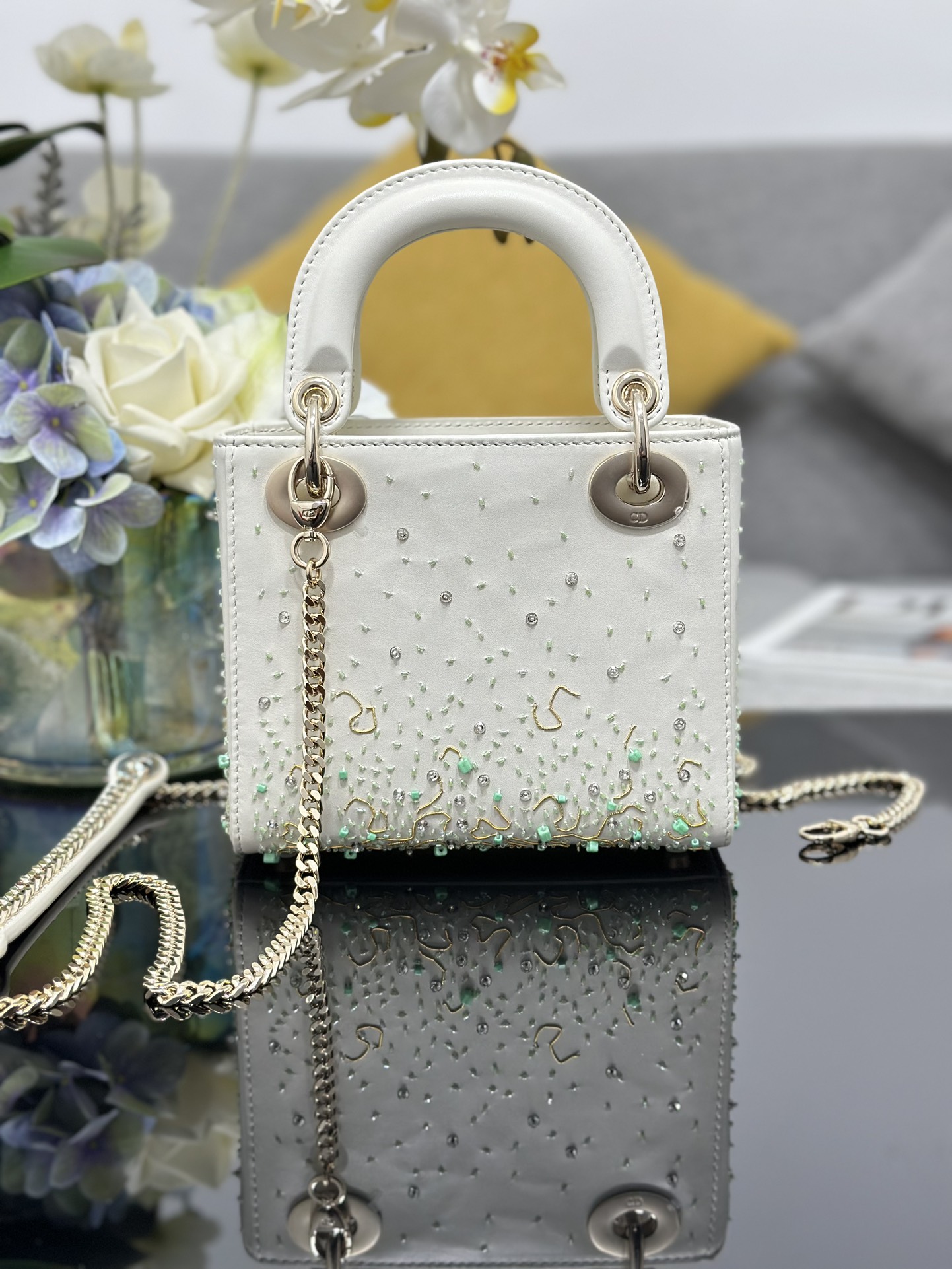 Mini Lady Dior Bag White Calfskin Embroidered with Mint Green Bead